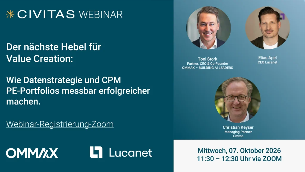 Das Bild zeigt Portraits von drei Personen: Toni Stork, Elias Apel und Christian Keyser sowie das CIVITAS-Logo mit dem Zusatz "Webinar". Text: "Der nächste Hebel für Value Kreation: Wie Datenstrategie und CPM PE-Portfolios messbar erfolgreicher machen. Webinar-Regisitrierung-Zoom (Link). Zwei weitere Logos am unteren Bildrand: OMMAX und Lucanet. Mittwoch, 7. Oktober 2026. von 11:30 bis 12:30 Uhr via Zoom.